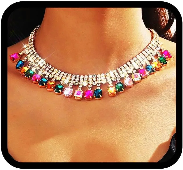 TWINKLEDE Colorful Rhinestone Choker Necklace Jewelry for Women Muticolor Crystal Necklaces with Gemstones
