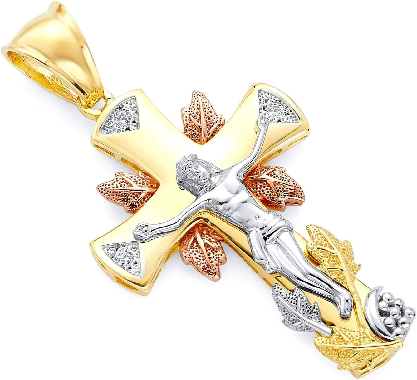 TWJC 14k REAL Tri Color Gold CZ Religious Crucifix Jesus Cross Charm Pendant