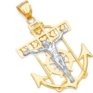 TWJC 14k REAL Two Tone Gold Religious Mariner Crucifix Jesus Cross Charm Pendant