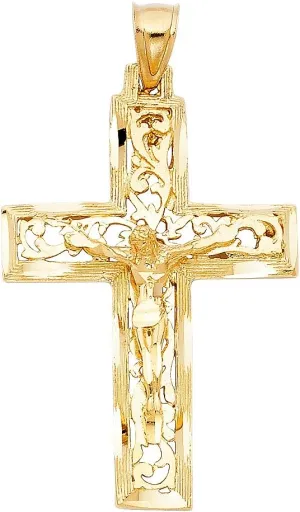 TWJC 14k REAL Yellow Gold Religious Crucifix Jesus Cross Charm Pendant
