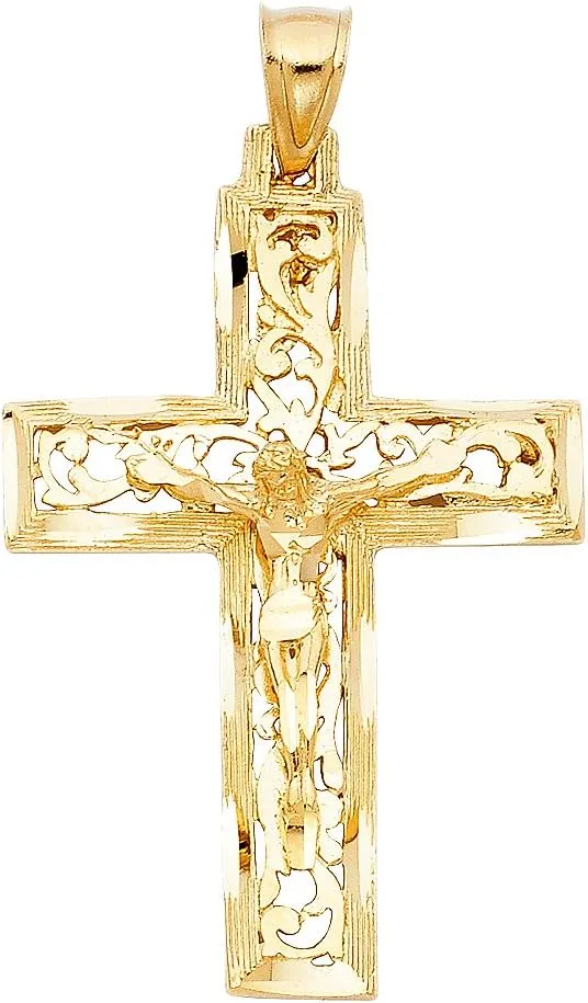 TWJC 14k REAL Yellow Gold Religious Crucifix Jesus Cross Charm Pendant