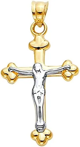 TWJC 14k Two Tone Gold Hollow Cross with Jesus Charm Pendant