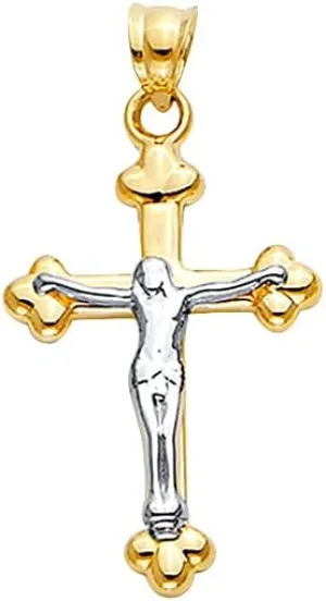 TWJC 14k Two Tone Gold Hollow Cross with Jesus Charm Pendant