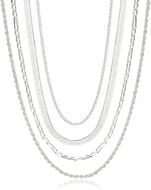 UILZ Herringbone Necklace for Women 4pcs Silver Necklace Set Solid 925 Sterling Silver Necklace Dainty Snake Chain Figaro Layered Necklace Set for Teen Girl Gifts