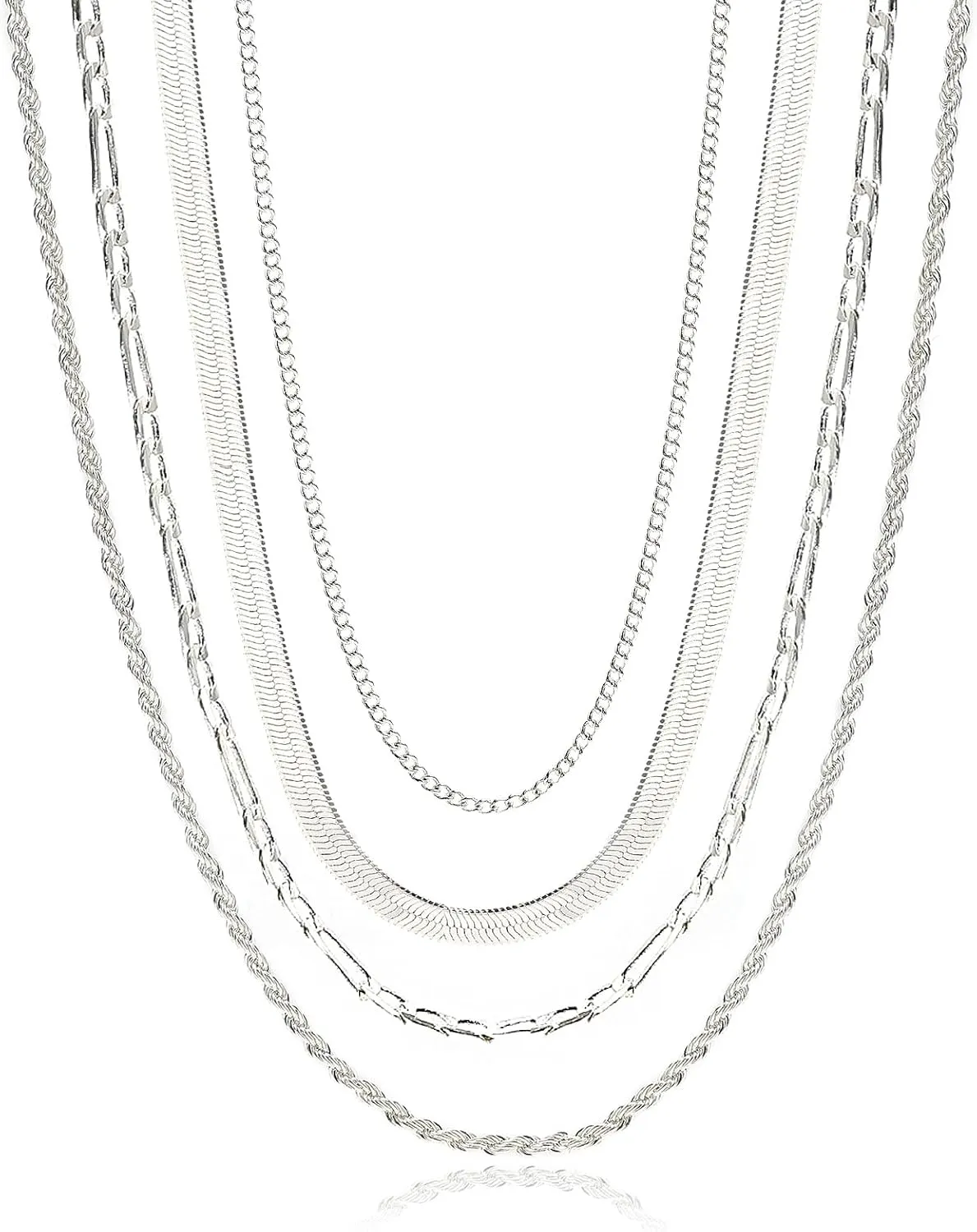UILZ Herringbone Necklace for Women 4pcs Silver Necklace Set Solid 925 Sterling Silver Necklace Dainty Snake Chain Figaro Layered Necklace Set for Teen Girl Gifts