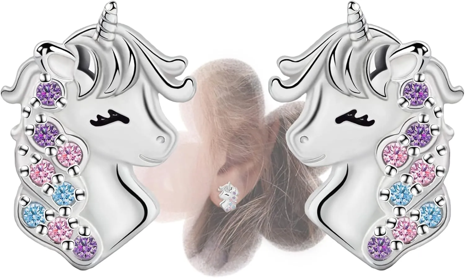 Unicorn Stud Earrings for Teen Girls - Sterling Silver Cute Animal Earrings for Women Hypoallergenic Cubic Zirconia Small Earrings for Sensitive Ears Dainty Post Earrings Gifts for Birthday Christmas