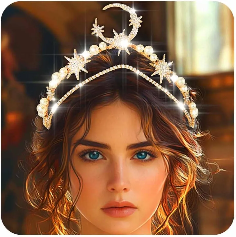 Unicra Gold Tiaras Headband Star Bridal Wedding Crown Sparkly Crystal Hair Accessories for Women