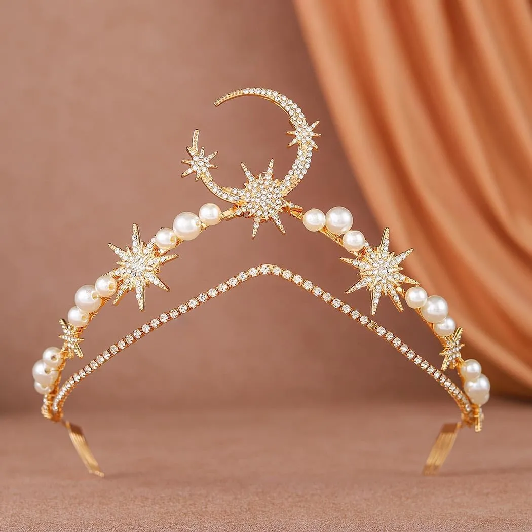 Unicra Gold Tiaras Headband Star Bridal Wedding Crown Sparkly Crystal Hair Accessories for Women