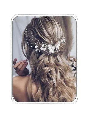 Unicra Silver Bride Wedding Hair Vine Flower Bridal Hair Piece Pearl Hair Accessories Leaf Headpieces Jewelry for Women and Girls (12.5 Inches) (Gold)