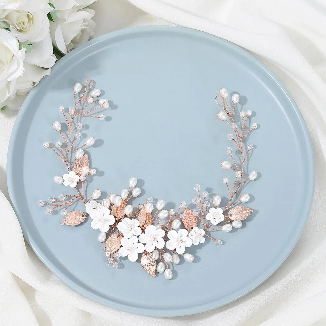 Unicra Silver Bride Wedding Hair Vine Flower Bridal Hair Piece Pearl Hair Accessories Leaf Headpieces Jewelry for Women and Girls (12.5 Inches) (Rose Gold)