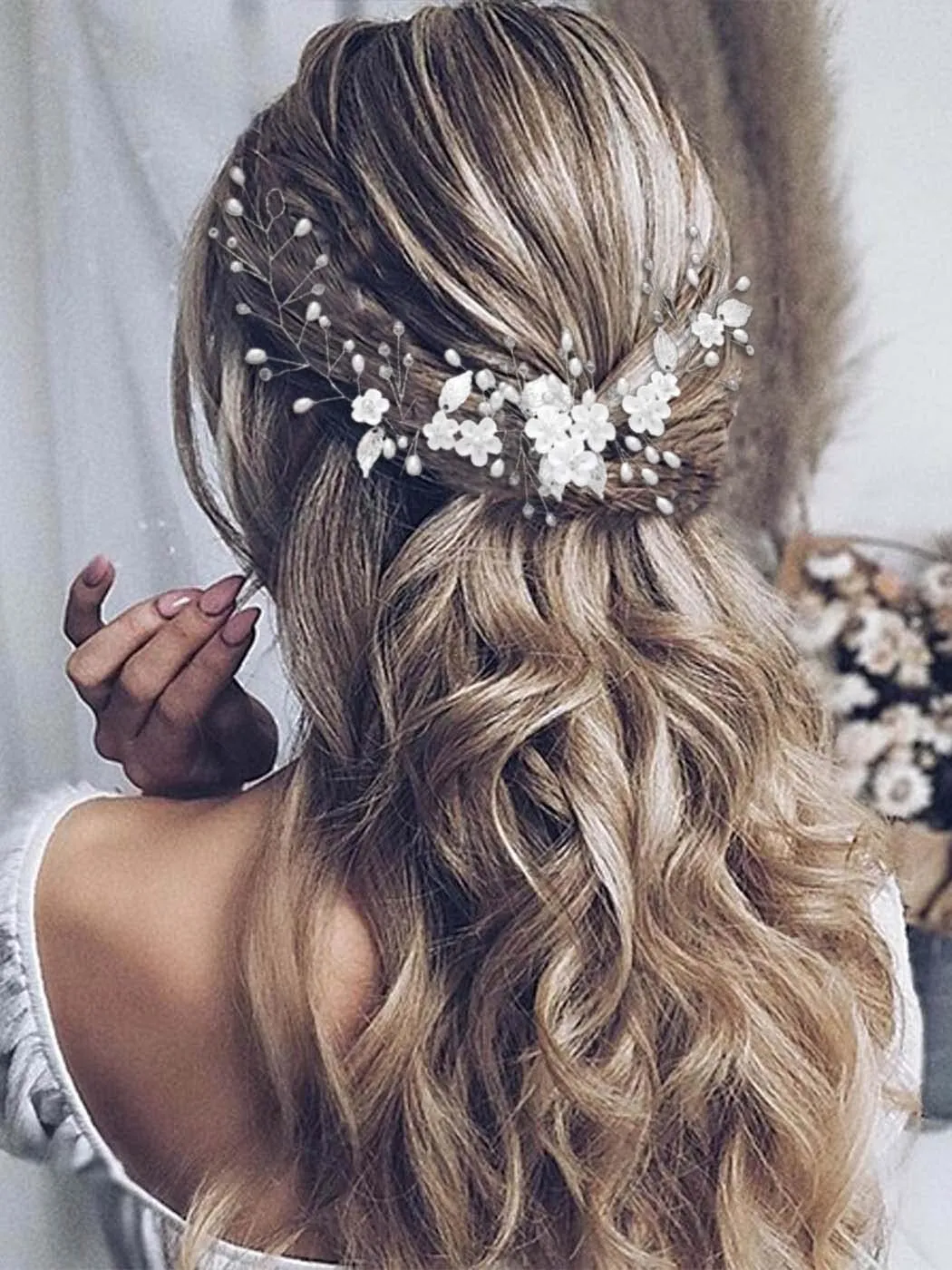 Unicra Silver Bride Wedding Hair Vine Flower Bridal Hair Piece Pearl Hair Accessories Leaf Headpieces Jewelry for Women and Girls (12.5 Inches) (Rose Gold)