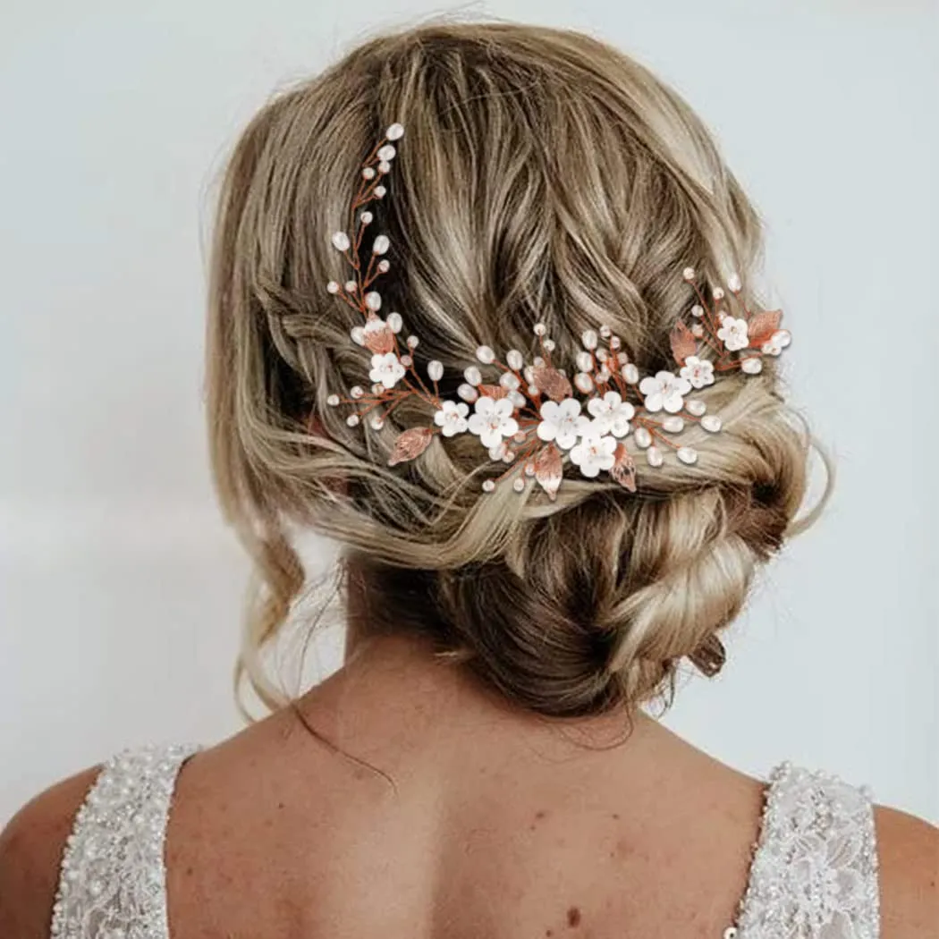 Unicra Silver Bride Wedding Hair Vine Flower Bridal Hair Piece Pearl Hair Accessories Leaf Headpieces Jewelry for Women and Girls (12.5 Inches) (Rose Gold)