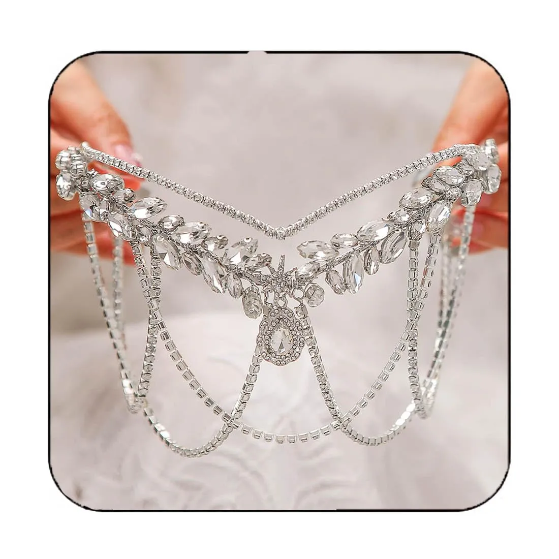 Unicra Silver Crystal Bridal Wedding Head Chain Sparkly Rhinestone Bride Hair Piece Head Jewelry Hair Accessories for Women and Girls (Silver)