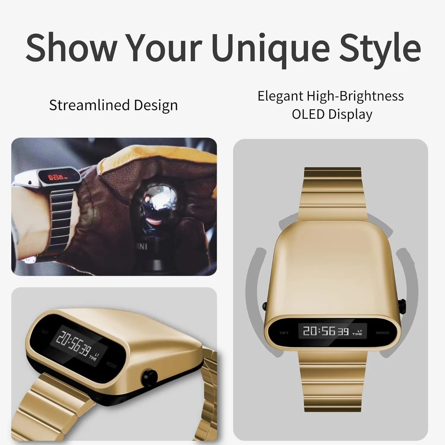 Unique Metal Watch, OLED Display Men Digital Watches, Lift-to-Wake Screen, Stainless Steel Strap