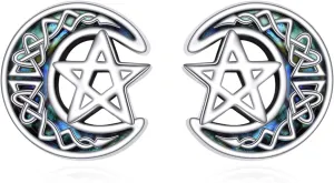 URONE Pentagram Earrings 925 Sterling Silver Celtic Pentagram Moon Stud Earrings Pentagram Jewelry for Women
