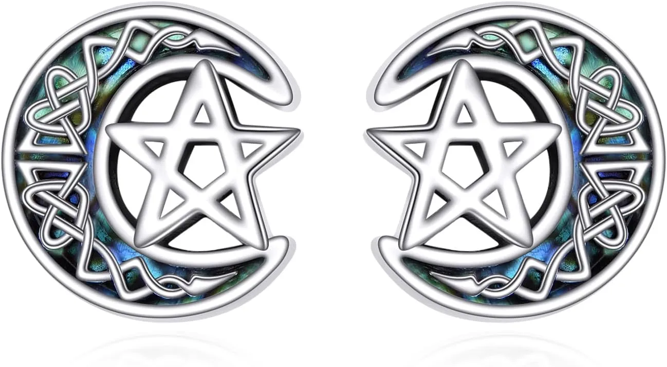 URONE Pentagram Earrings 925 Sterling Silver Celtic Pentagram Moon Stud Earrings Pentagram Jewelry for Women