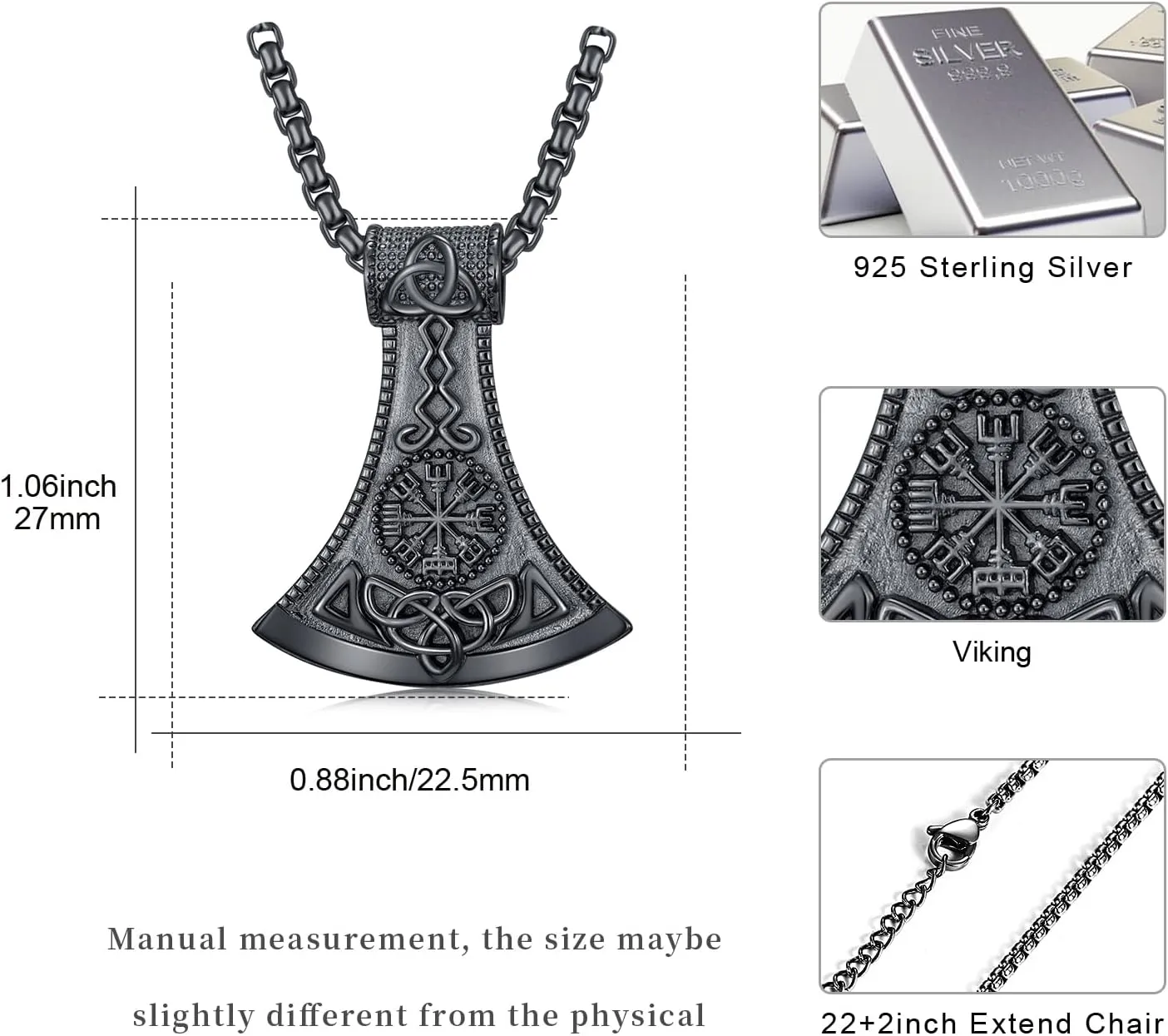 Viking Arrowhead/Thors Hammer/Axe/Wolf Necklace for Men 925 Sterling Silver Viking Norse Pagan Jewelry Gifts for Women