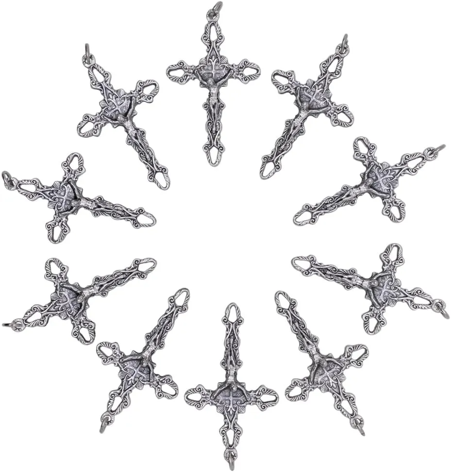 VILLAGE GIFT IMPORTERS 10 Pack of 2 inch Crucifix Pendants | Great for DIY Rosaries, Chaplets, and Religious Jewelry | Catholic and Christian Craft Beading Supplies
