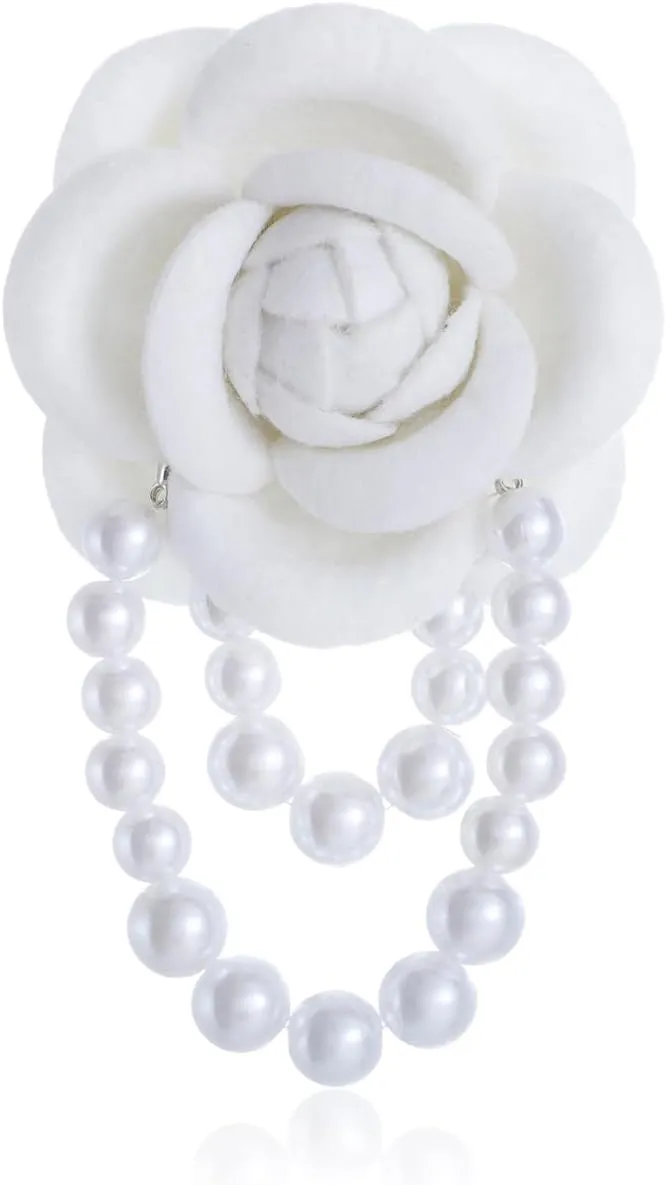 Vintage Camellia Pearl Tassel Brooch Bracelet Flower Lapel Pins Pearl Beads Tassel racelet Dual Purpose Hairpin Headpieces Brooch Shawl Pins Wedding Birthday Party Halloween Christmas Jewelry for Womenry