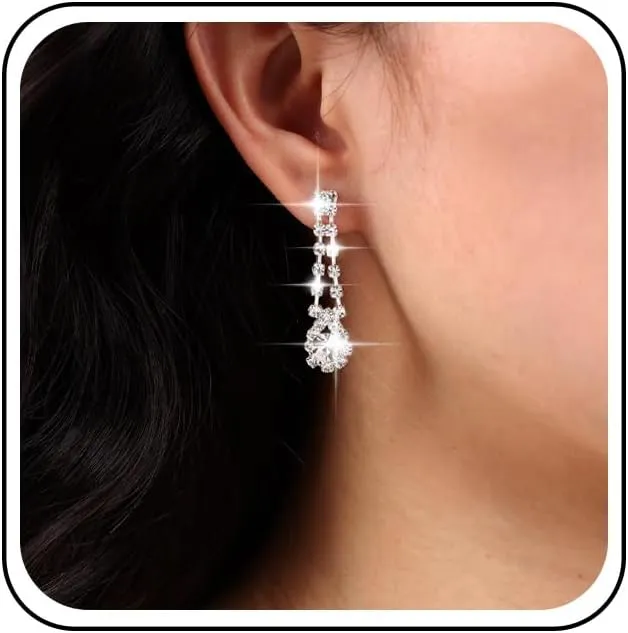 Vintage Crystal Tassel Earrings Cz Teardrop Dangle Earrings Silver Rhinestone Chain Earrings Cz Chandelier Drop Earrings Jewelry for Women