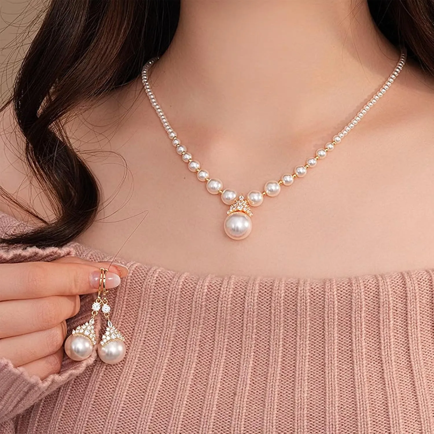 Vintage Elegant Zirconia Imitation Pearl Necklace & Earrings, Classic The Pearl Jewelry Set, Brilliant Zirconia Stones Set, Available In Purple and White for Brides Bridesmaid, Mother's Day