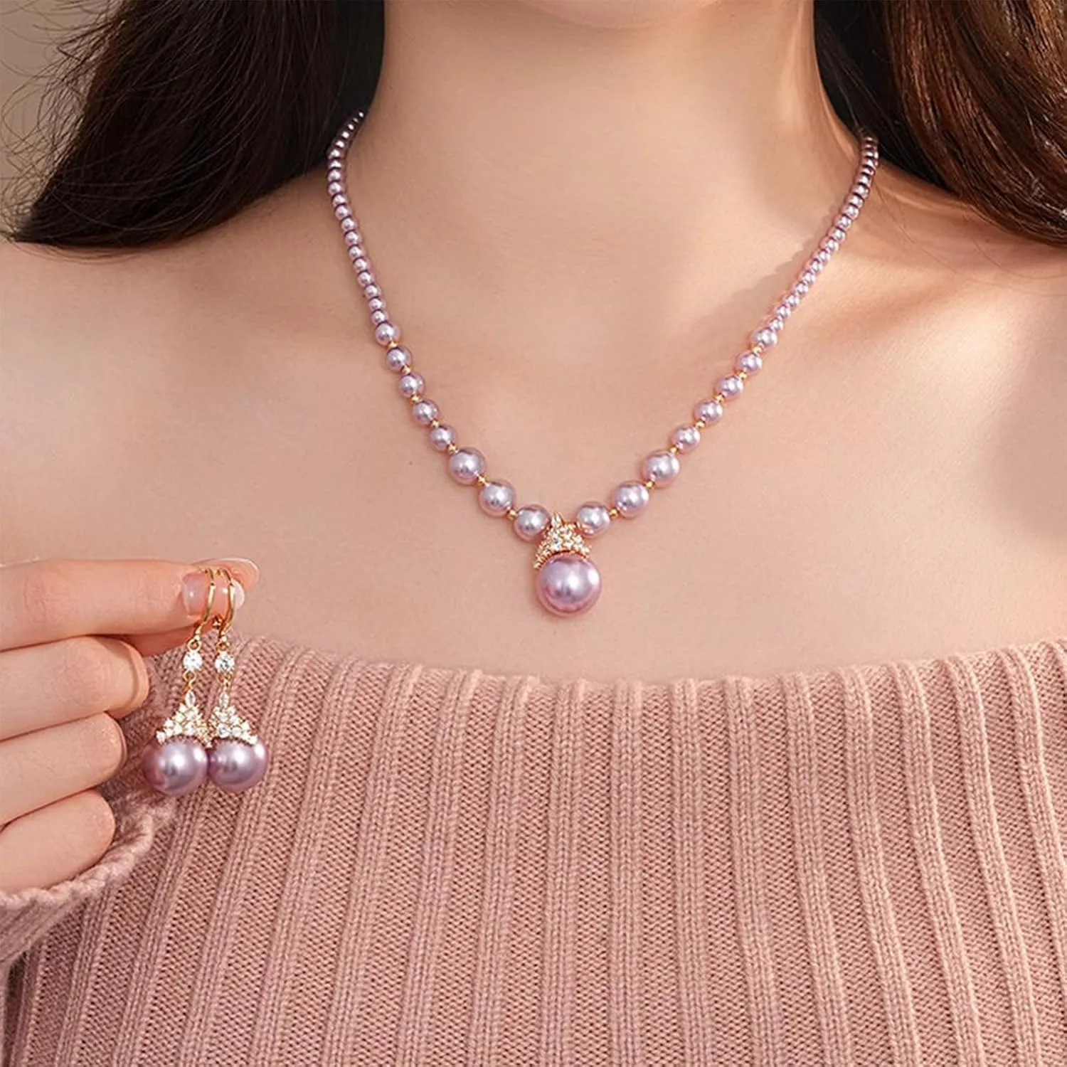 Vintage Elegant Zirconia Imitation Pearl Necklace & Earrings, Classic The Pearl Jewelry Set, Brilliant Zirconia Stones Set, Available In Purple and White for Brides Bridesmaid, Mother's Day