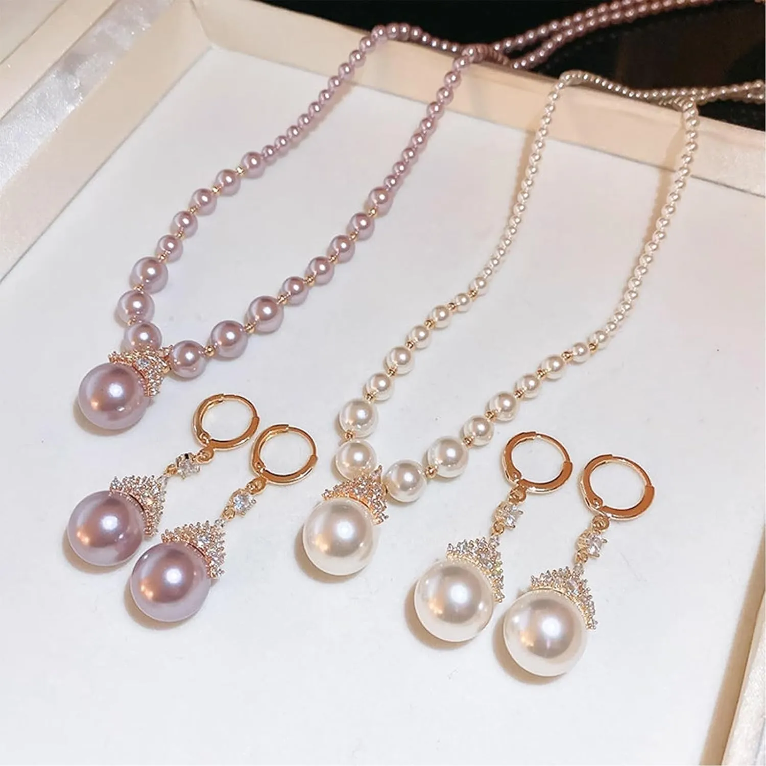 Vintage Elegant Zirconia Imitation Pearl Necklace & Earrings, Classic The Pearl Jewelry Set, Brilliant Zirconia Stones Set, Available In Purple and White for Brides Bridesmaid, Mother's Day
