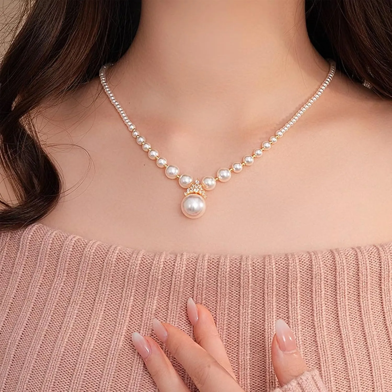 Vintage Elegant Zirconia Imitation Pearl Necklace & Earrings, Classic The Pearl Jewelry Set, Brilliant Zirconia Stones Set, Available In Purple and White for Brides Bridesmaid, Mother's Day
