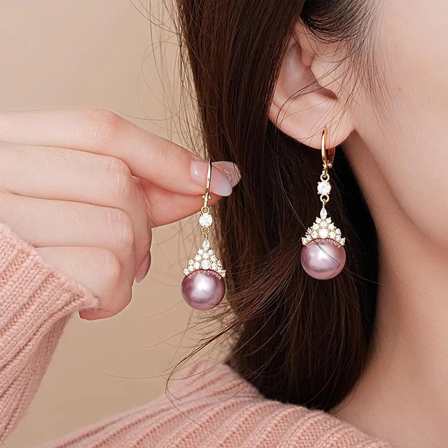 Vintage Elegant Zirconia Imitation Pearl Necklace & Earrings, Classic The Pearl Jewelry Set, Brilliant Zirconia Stones Set, Available In Purple and White for Brides Bridesmaid, Mother's Day