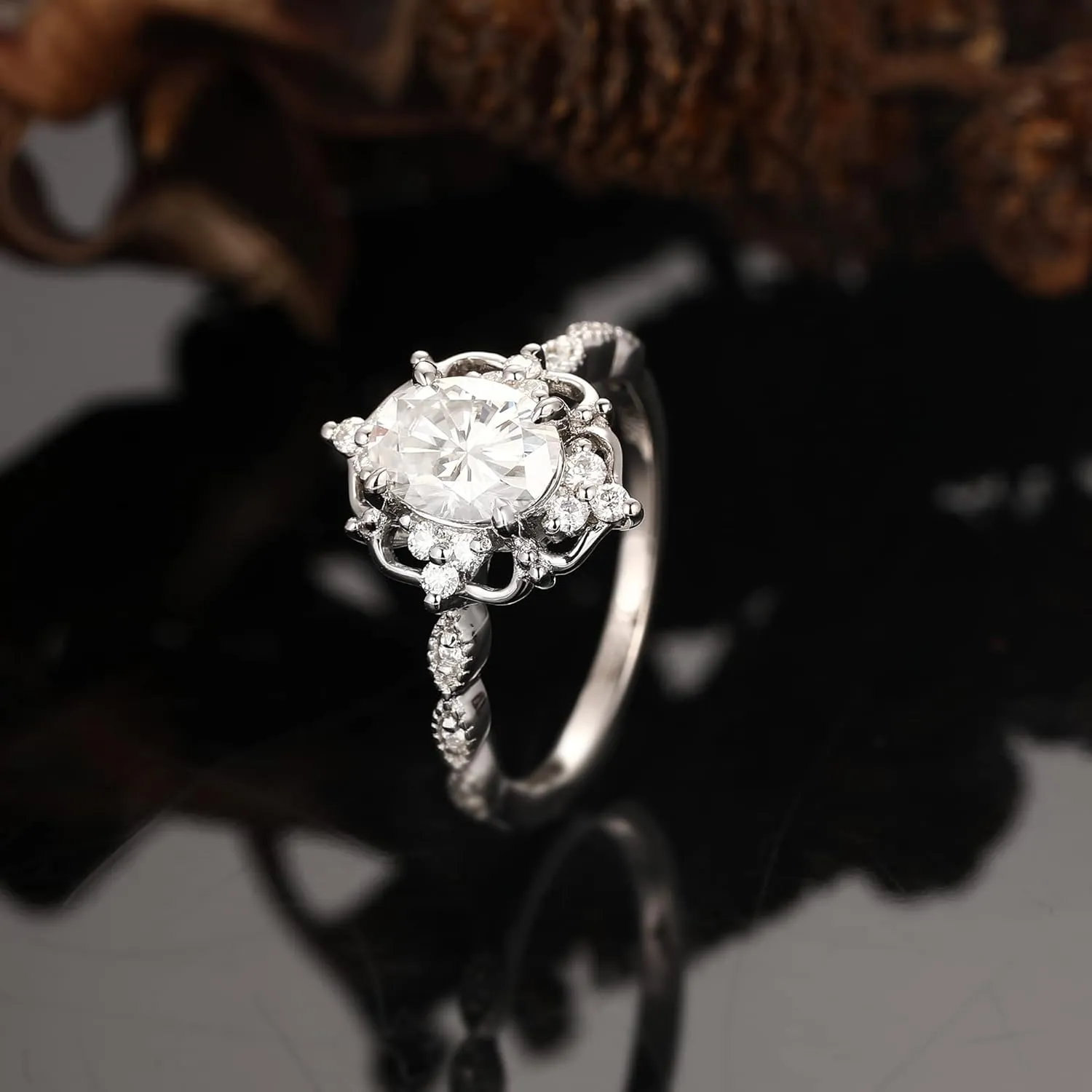 Vintage Floral Setting Moissanite Ring - 1.50 Carat Oval Cut Created Moissanite - Sterling Silver Accents - Milgrain Classic Design - Handcrafted Women's Ring