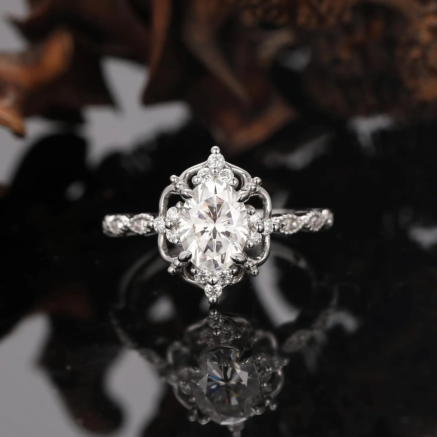 Vintage Floral Setting Moissanite Ring - 1.50 Carat Oval Cut Created Moissanite - Sterling Silver Accents - Milgrain Classic Design - Handcrafted Women's Ring