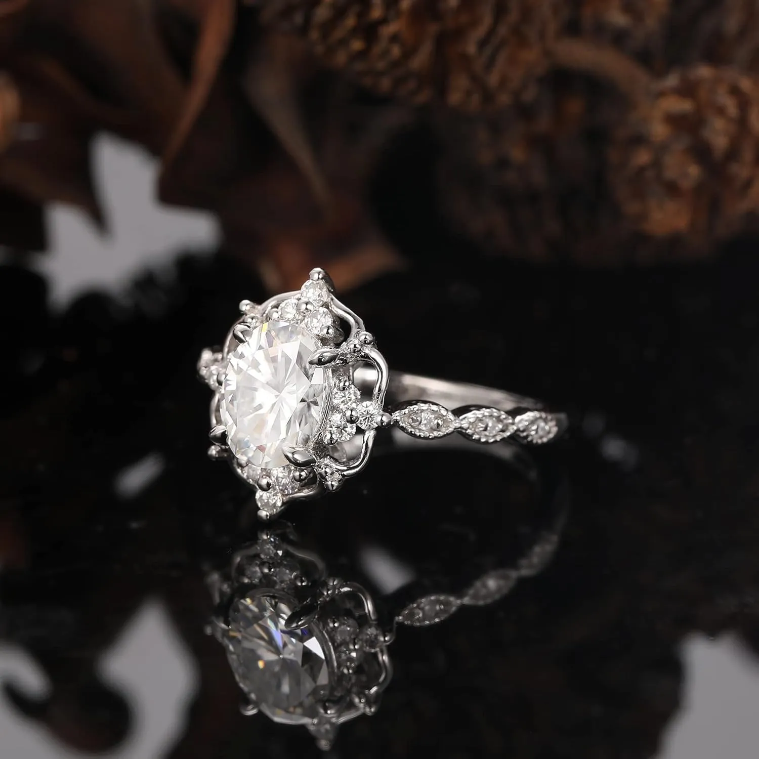 Vintage Floral Setting Moissanite Ring - 1.50 Carat Oval Cut Created Moissanite - Sterling Silver Accents - Milgrain Classic Design - Handcrafted Women's Ring