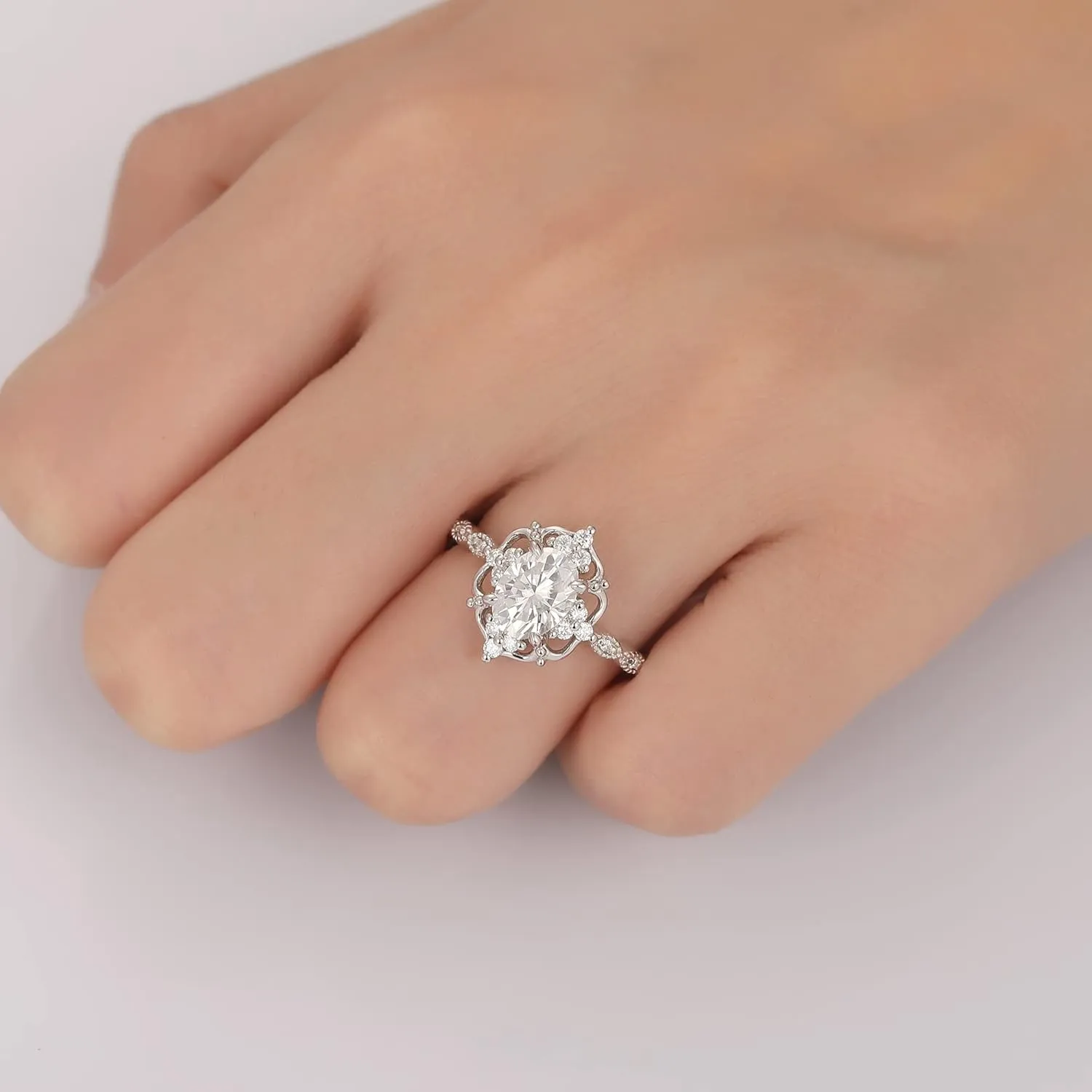 Vintage Floral Setting Moissanite Ring - 1.50 Carat Oval Cut Created Moissanite - Sterling Silver Accents - Milgrain Classic Design - Handcrafted Women's Ring
