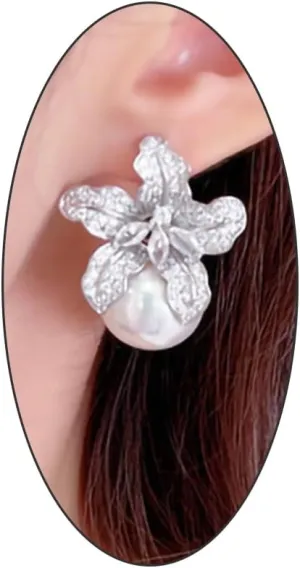 Vintage Rhinestone Pearl Flower Dangle Drop Earrings for Women Boho Gold Floral Stud Earrings Chunky Statement Earrings Birthday Jewelry Gifts