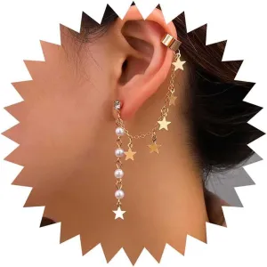 Vintage Star Chain Ear Cuff Earrings Gold Star Cuff Wrap Earrings Long Tassel Pearl Earrings Luck Star Cartilage Cuff Earrings Star Chain Tassel Earrings Star Crawler Cuff Earrings Jewelry
