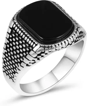 Vintage Style Men's Ring, Black Agate Stone, Stainless Steel