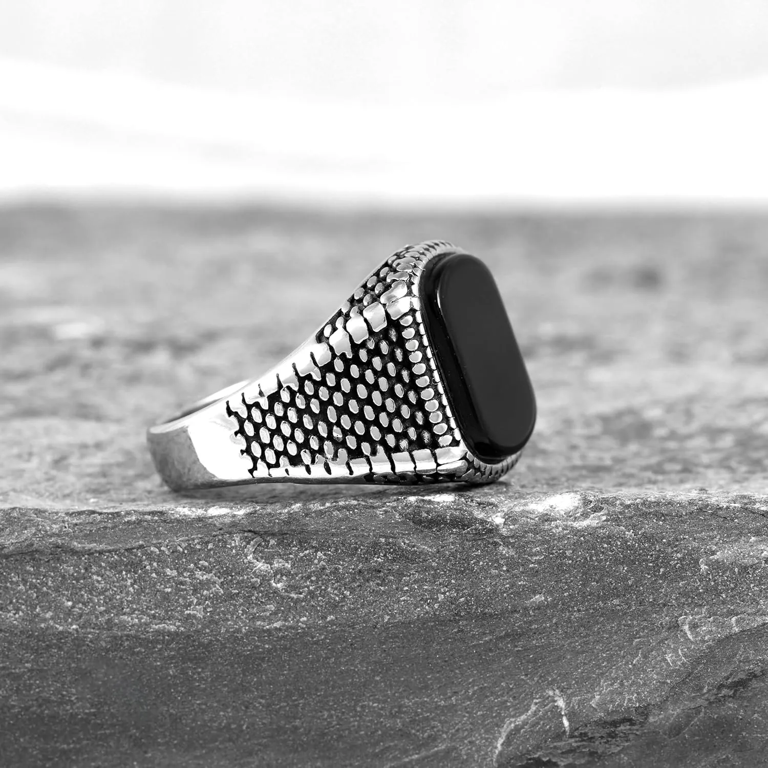 Vintage Style Men's Ring, Black Agate Stone, Stainless Steel