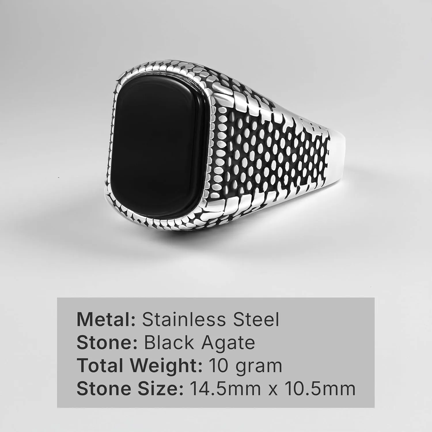 Vintage Style Men's Ring, Black Agate Stone, Stainless Steel