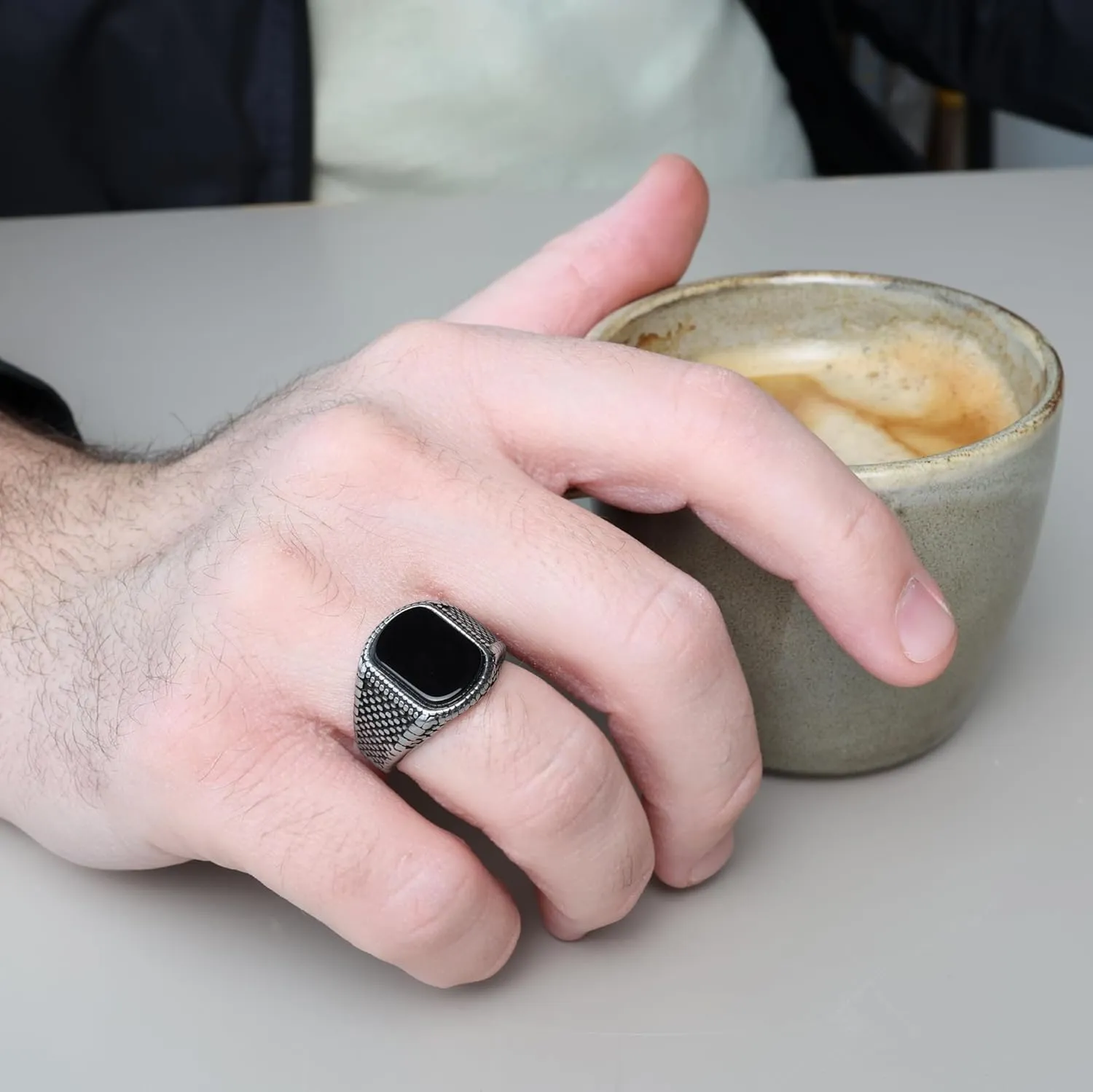 Vintage Style Men's Ring, Black Agate Stone, Stainless Steel