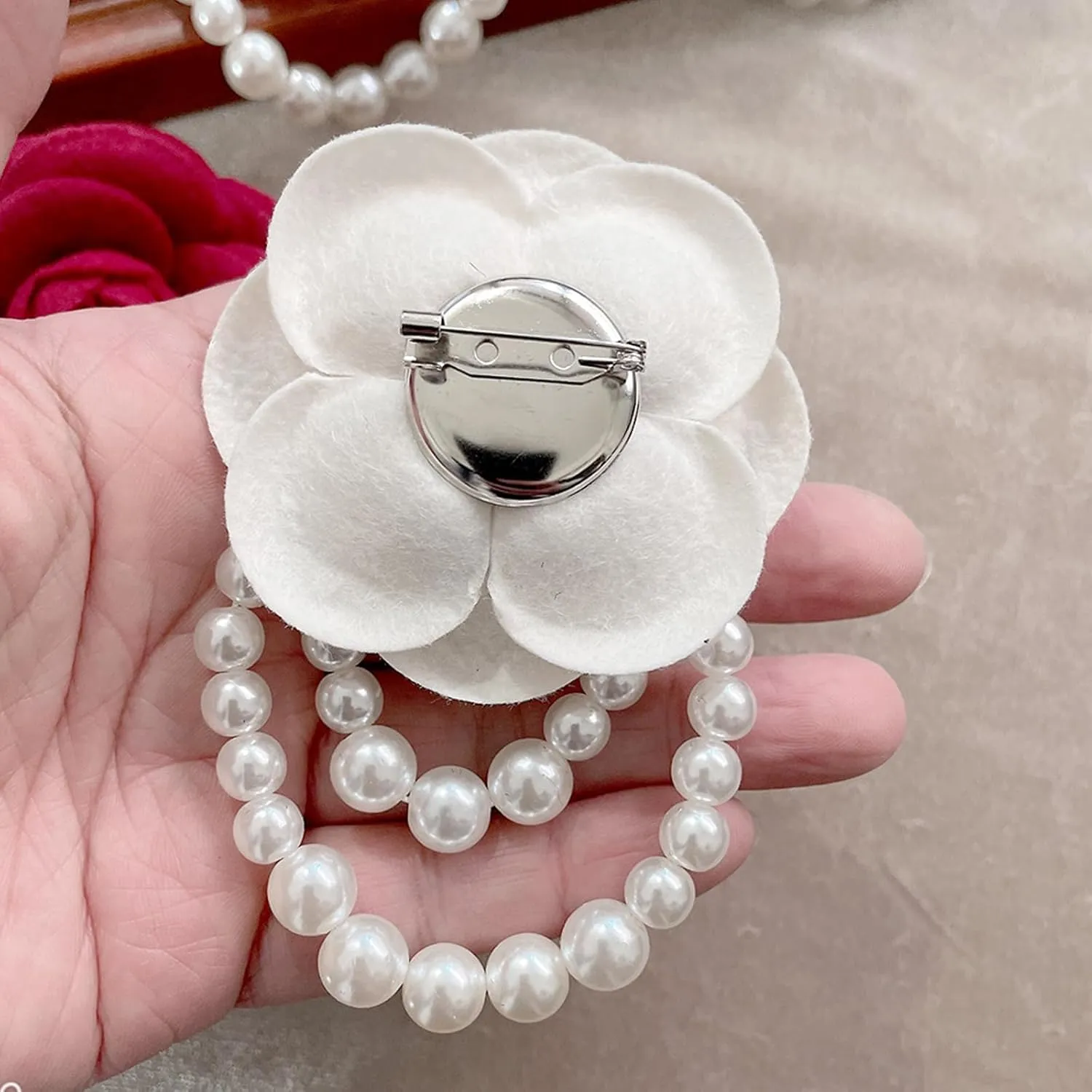Vintage Wool Camellia Flower Pearl Tassel Brooches Pin Bracelet,Hairpin Headpieces Brooch Shawl Pins Wedding Party Gift Dainty Elegant Lapel Pins Dress Suit Clothes Accessories