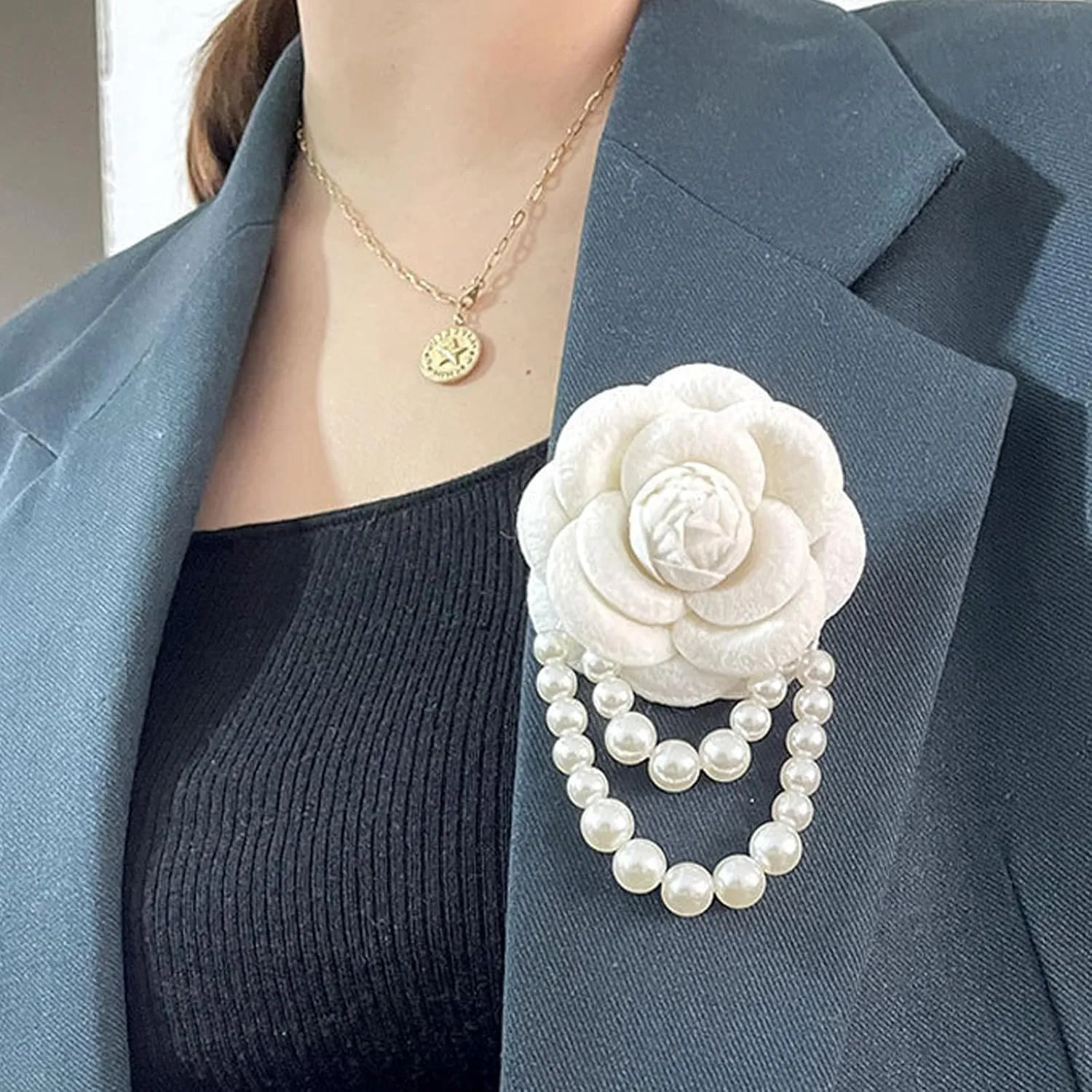 Vintage Wool Camellia Flower Pearl Tassel Brooches Pin Bracelet,Hairpin Headpieces Brooch Shawl Pins Wedding Party Gift Dainty Elegant Lapel Pins Dress Suit Clothes Accessories