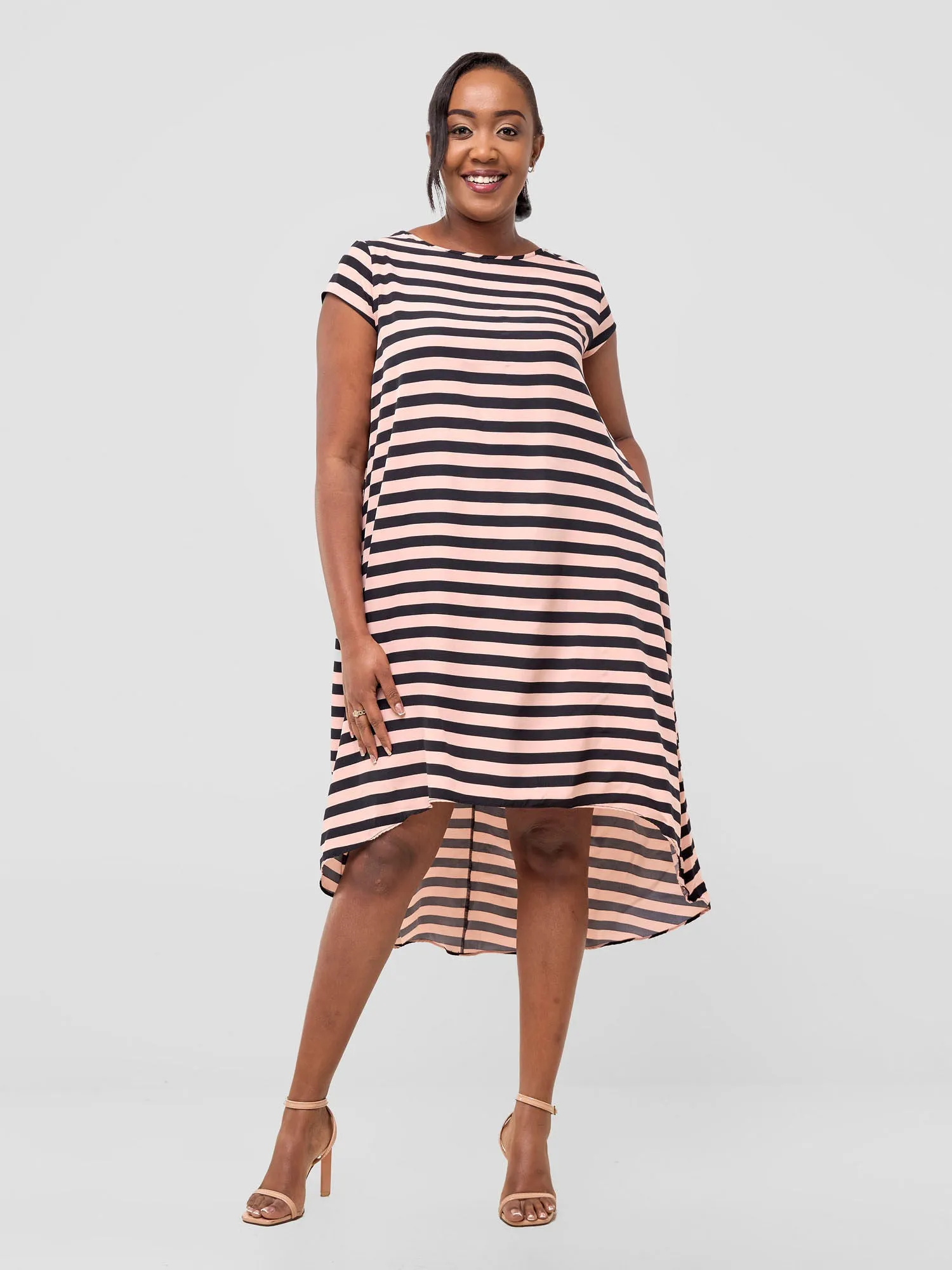 Vivo Jema High Low Tent Dress - Peach / Black Print