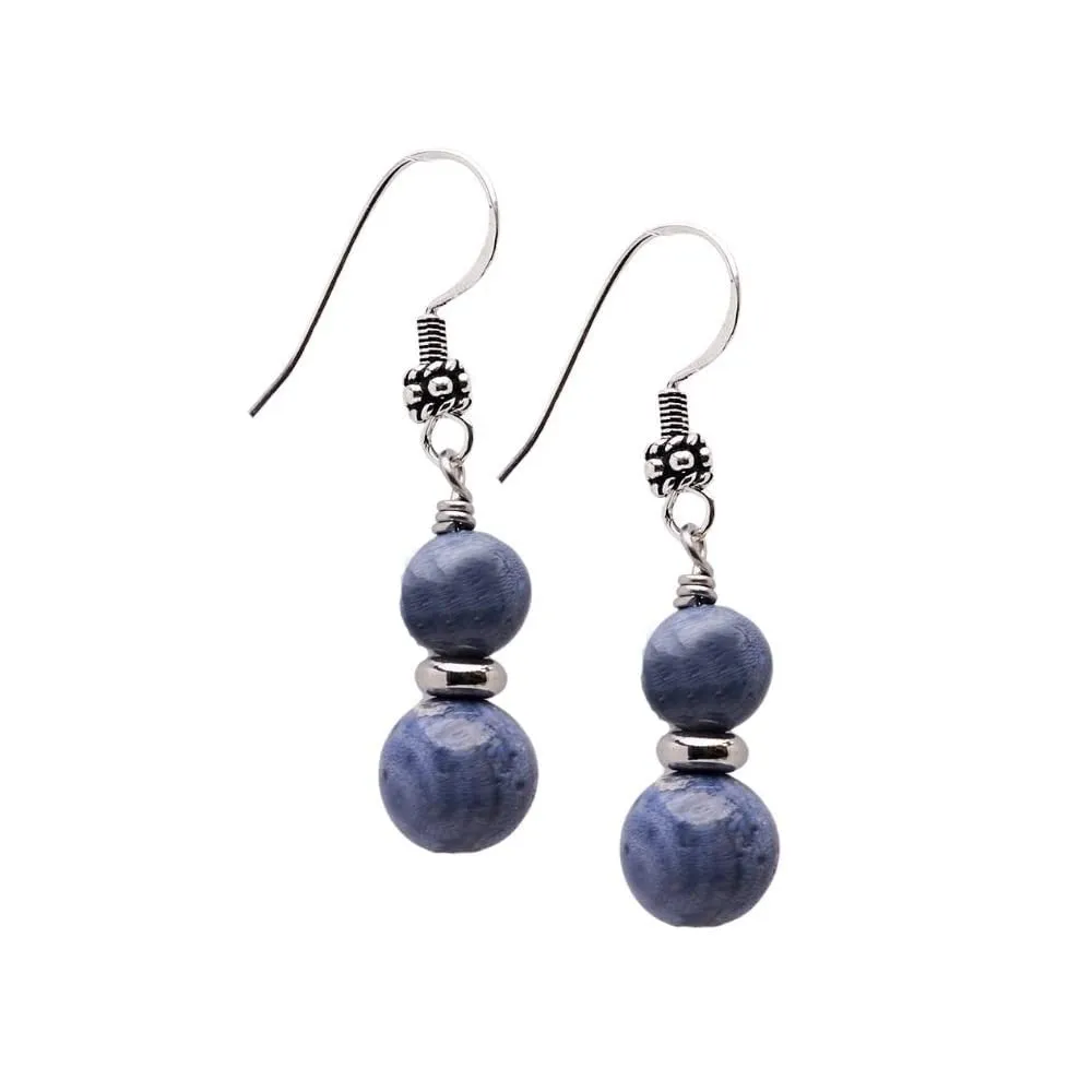 VN Jewelry Handmade Women's Natural Gemstone Double Beaded Sterling Silver Dangle Drop Earrings | Gift for Women, Girls (Blue Coral)