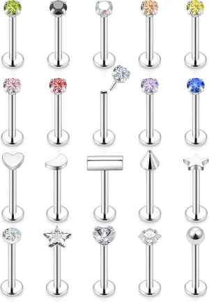 Vsnnsns 16G 18G 20G Threadless Push in Lip Rings Stainless Steel Flat Back Nose Rings Studs Earrings Tragus Helix Conch Cartilage Lobe Earrings Stud Piercing Jewelry for Women Men CZ 20Pcs