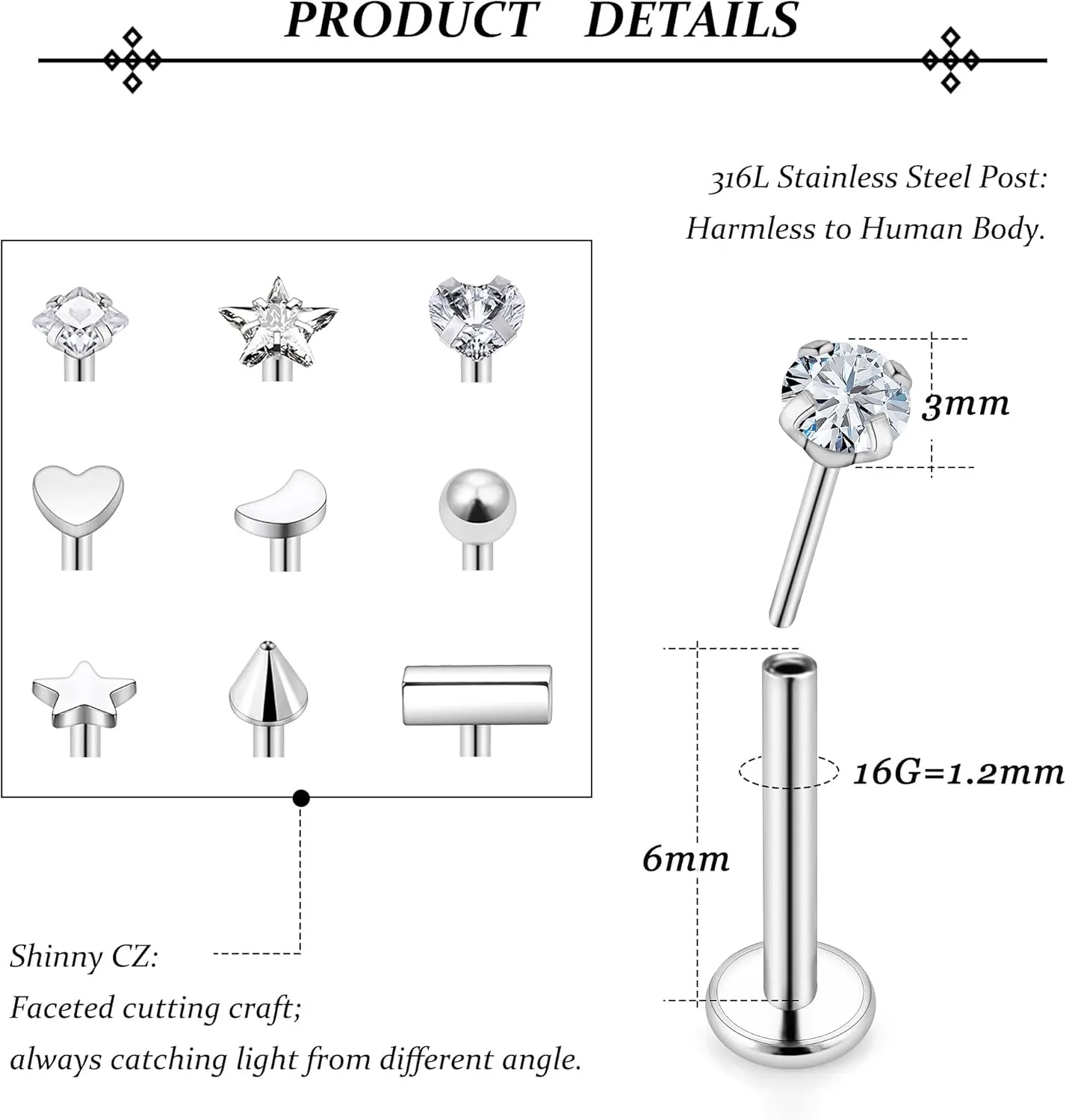 Vsnnsns 16G 18G 20G Threadless Push in Lip Rings Stainless Steel Flat Back Nose Rings Studs Earrings Tragus Helix Conch Cartilage Lobe Earrings Stud Piercing Jewelry for Women Men CZ 20Pcs