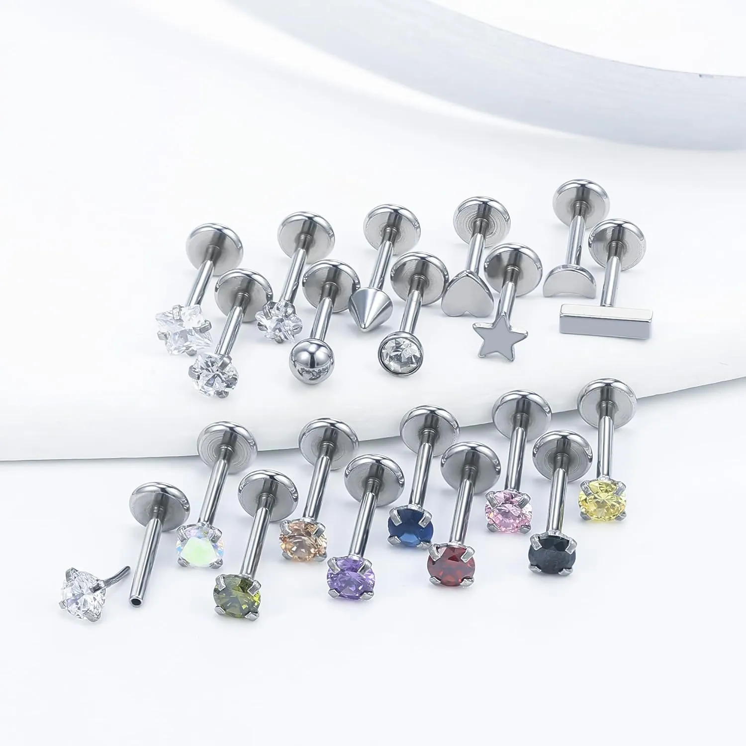 Vsnnsns 16G 18G 20G Threadless Push in Lip Rings Stainless Steel Flat Back Nose Rings Studs Earrings Tragus Helix Conch Cartilage Lobe Earrings Stud Piercing Jewelry for Women Men CZ 20Pcs