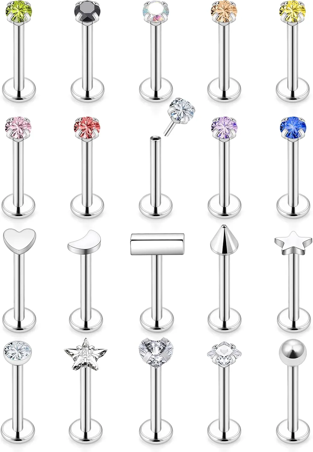 Vsnnsns 16G 18G 20G Threadless Push in Lip Rings Stainless Steel Flat Back Nose Rings Studs Earrings Tragus Helix Conch Cartilage Lobe Earrings Stud Piercing Jewelry for Women Men CZ 20Pcs
