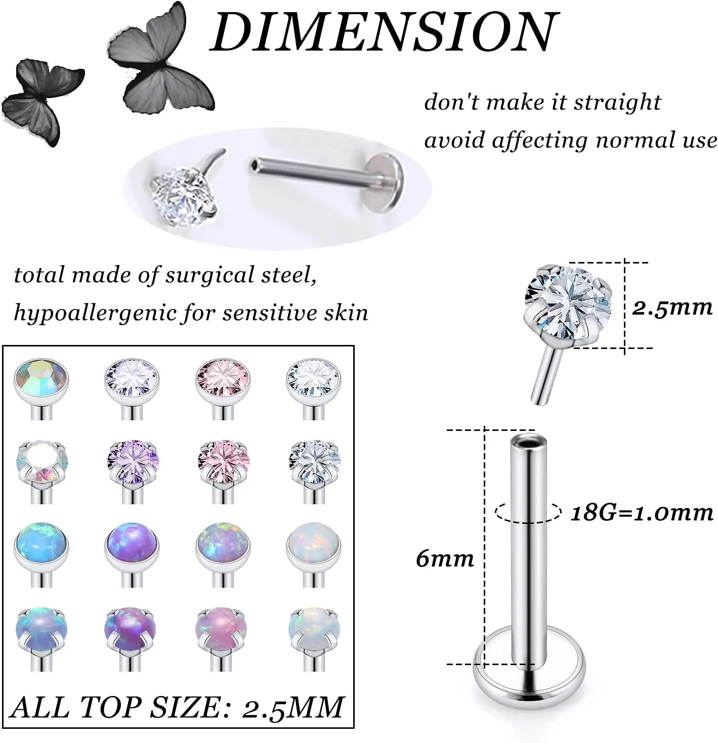 Vsnnsns 16G 18G 20G Threadless Push in Lip Rings Stainless Steel Flat Back Nose Rings Studs Tragus Helix Conch Cartilage Lobe Earrings Stud Piercing Jewelry for Women Men Opal CZ Silver 16PCS