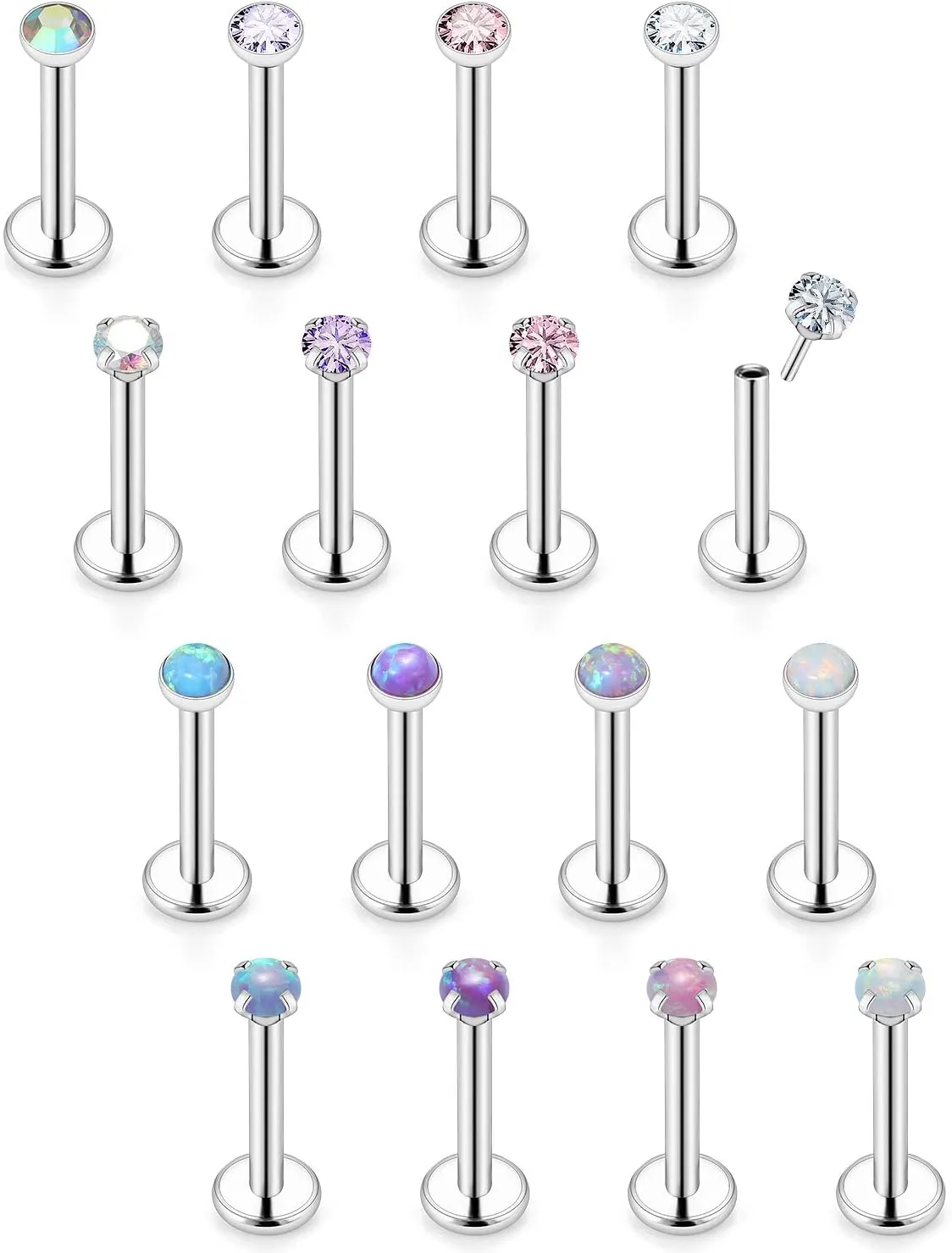 Vsnnsns 16G 18G 20G Threadless Push in Lip Rings Stainless Steel Flat Back Nose Rings Studs Tragus Helix Conch Cartilage Lobe Earrings Stud Piercing Jewelry for Women Men Opal CZ Silver 16PCS
