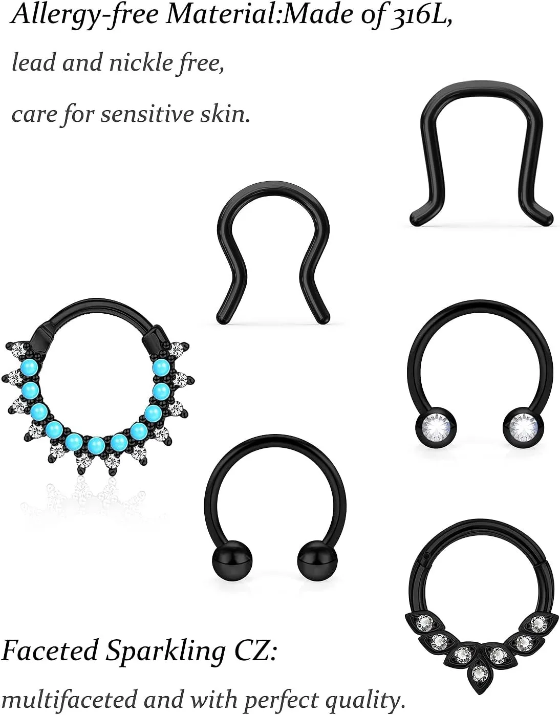 Vsnnsns Septum Ring 16G Stainless Steel Septum Piercing Jewelry Horseshoe Nose Ring Hoop Piercing Jewelry for Women Men 10mm Silver Black Rainbow Rose Gold